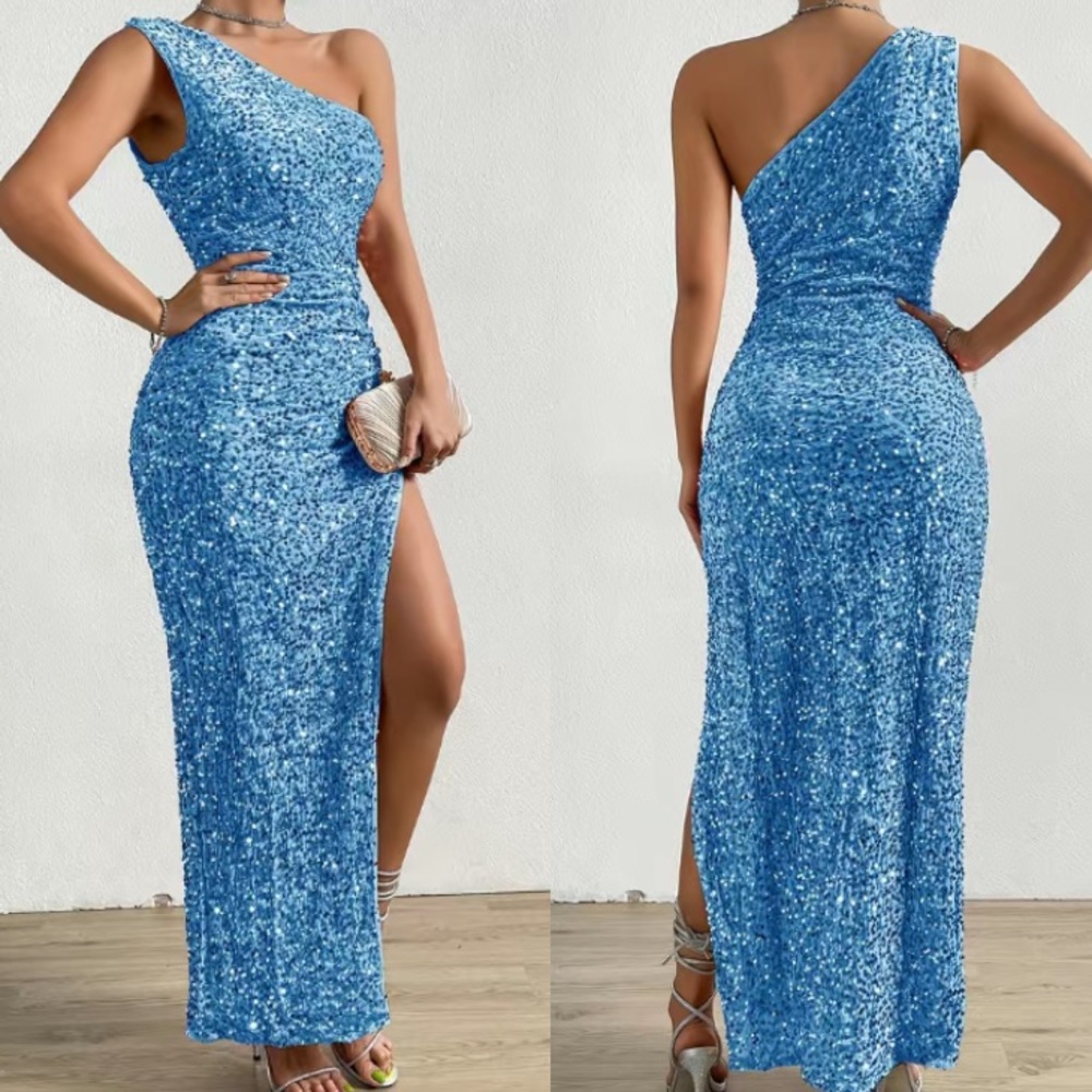 Luxe blue one shoulder slit thigh party formal evening sequins dress - Picture 2 of 16